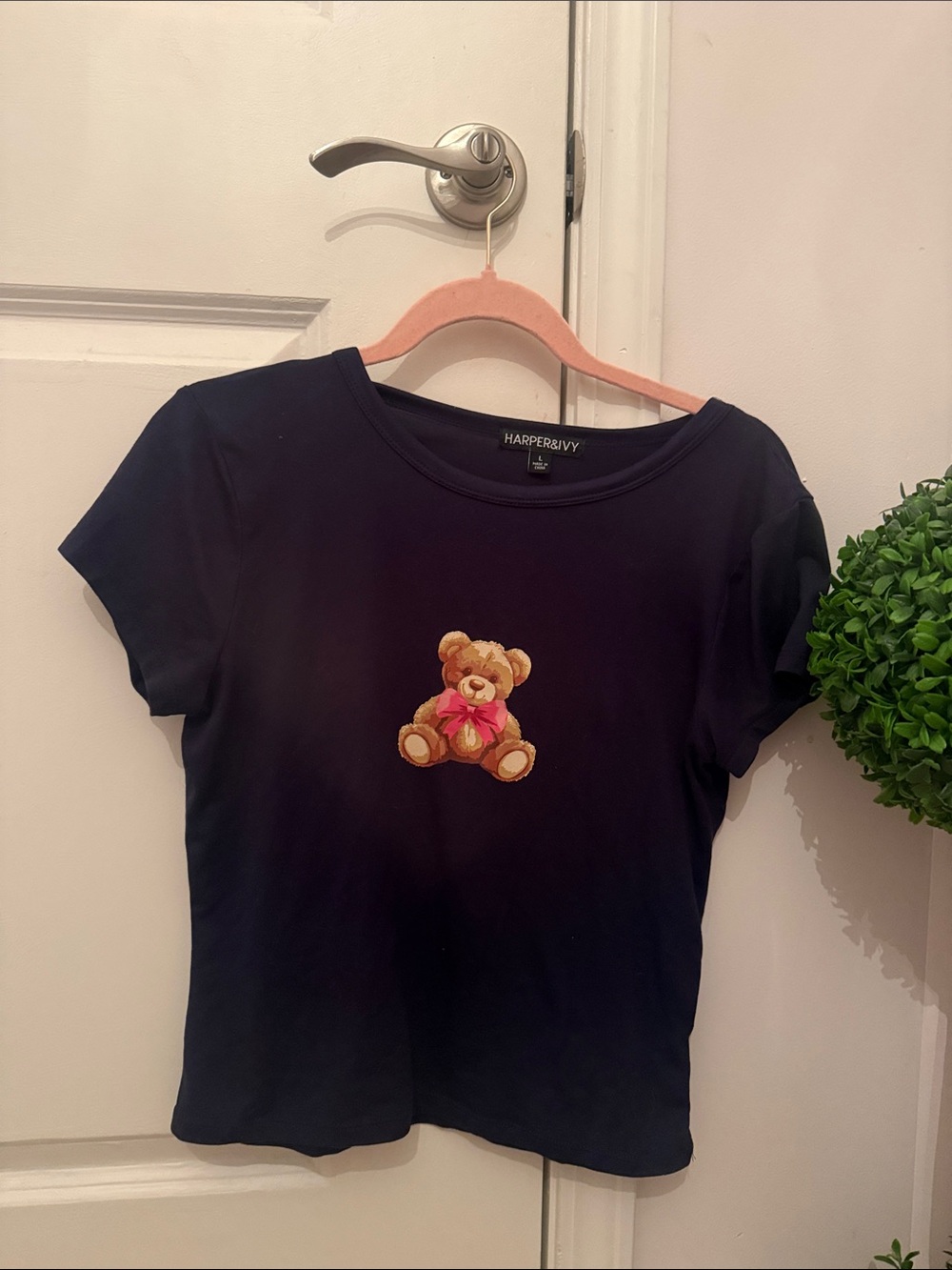 Harper and Ivy women’s Navy baby tee with Teddy Bear design